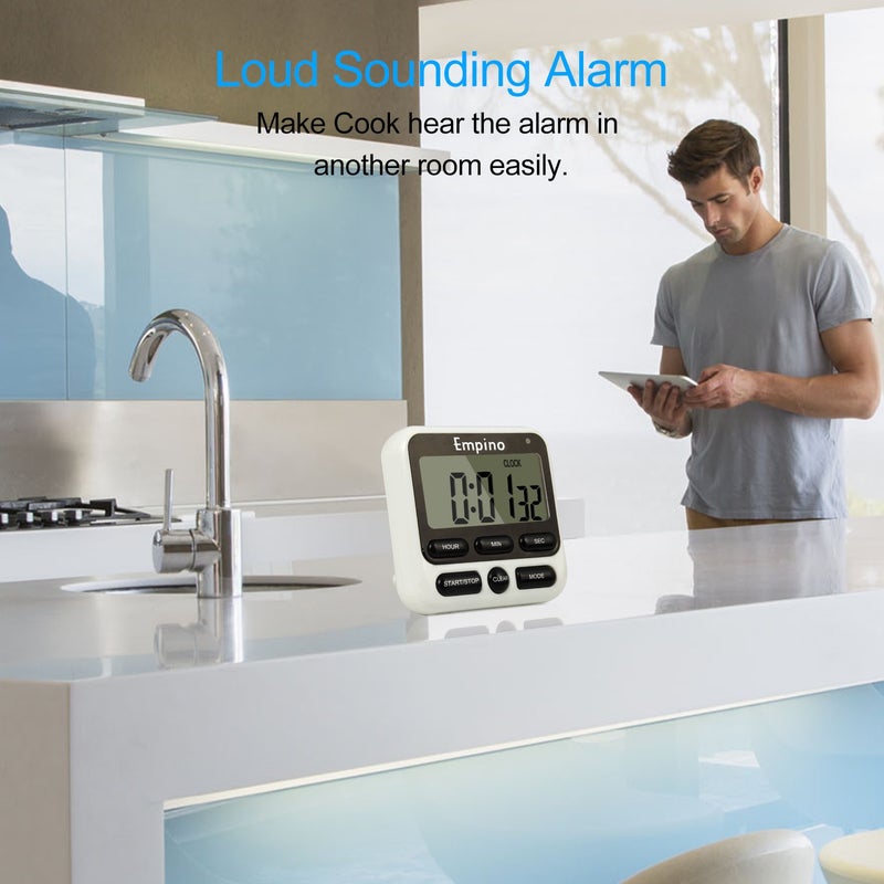 Empino Digital Kitchen Timer - Empino Upgraded 24-Hours Cooking Timer Clock Countdown Multifunction with Big Digits, Loud Alarm, Magnetic Backing Stand, and Memory for Cooking Baking Exercise, White - Image 3